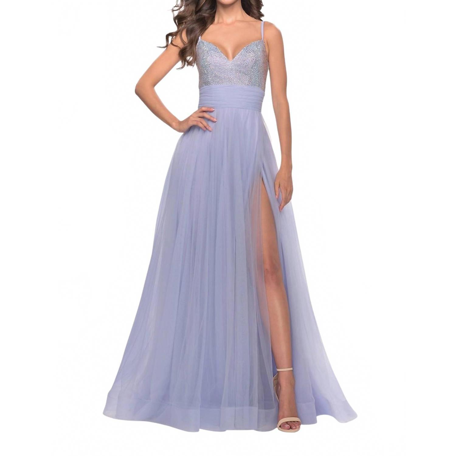 New La Femme Ruched Banded Waist Prom Dress In Light Periwinkle